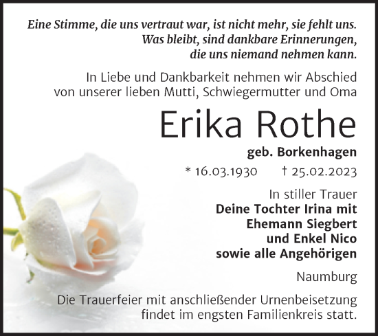 Traueranzeige von Erika Rothe von Naumburger Tageblatt