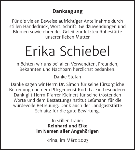 Traueranzeige von Erika Schiebel von Trauerkombi Bitterfeld
