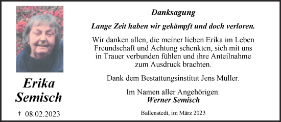 Traueranzeige von Erika Semisch von Trauerkombi Quedlinburg