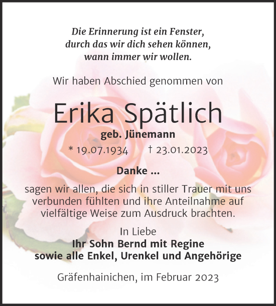 Traueranzeige von Erika Spätlich von Trauerkombi Wittenberg