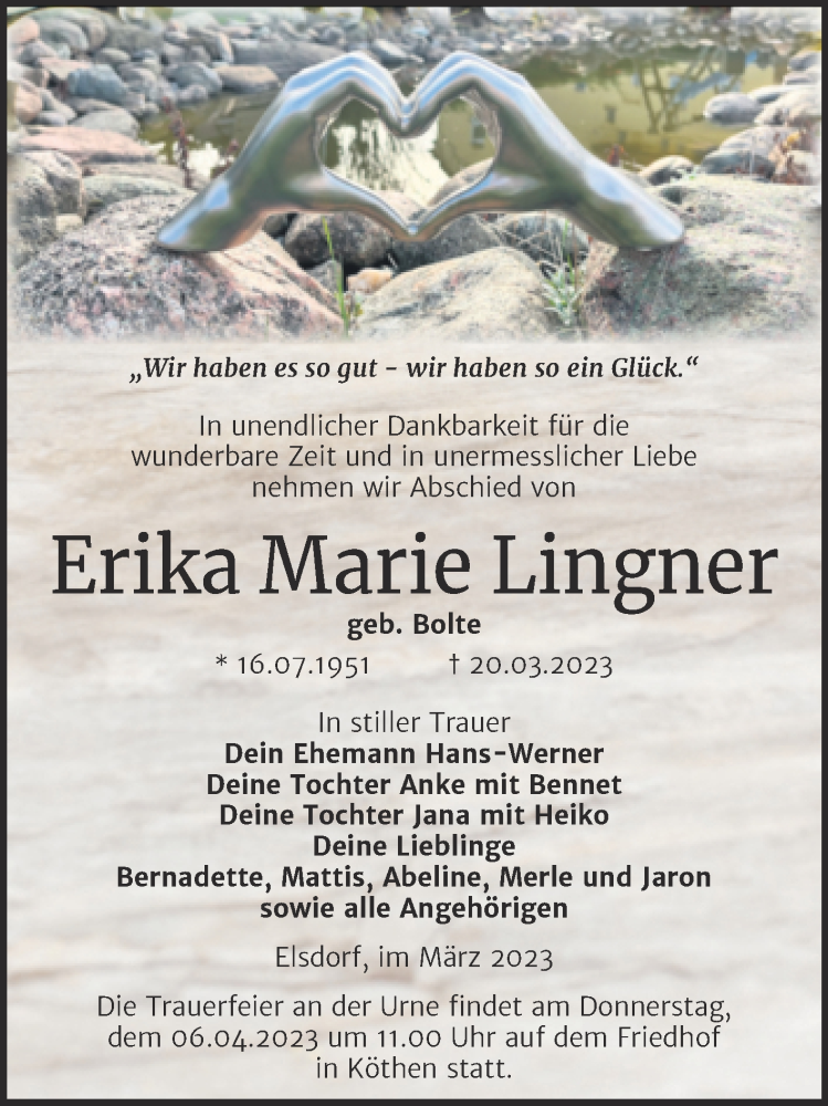  Traueranzeige für Erika Marie Lingner vom 25.03.2023 aus Trauerkombi Köthen