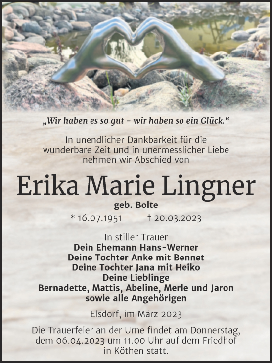 Traueranzeige von Erika Marie Lingner von Trauerkombi Köthen
