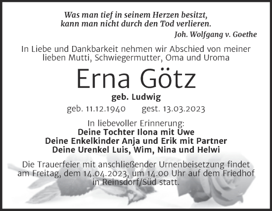 Traueranzeige von Erna Götz von Trauerkombi Wittenberg