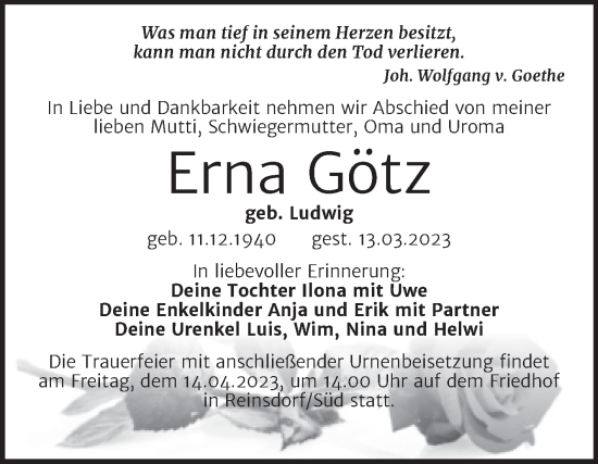 Traueranzeige von Erna Götz von Trauerkombi Wittenberg