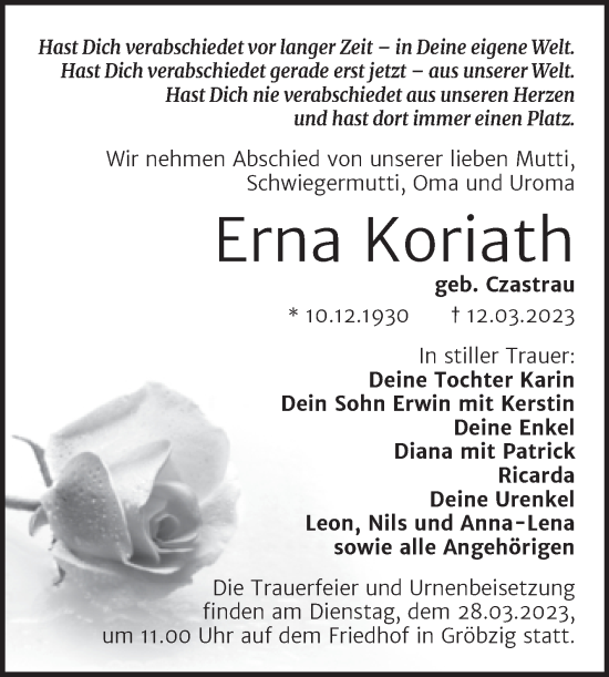 Traueranzeige von Erna Koriath von Trauerkombi Köthen