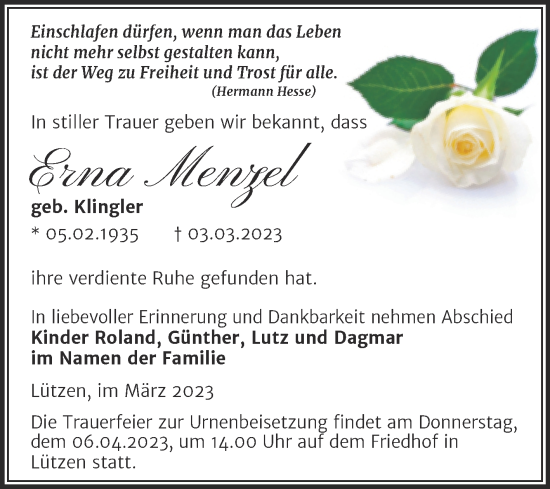 Traueranzeige von Erna Menzel von Trauerkombi Weißenfels