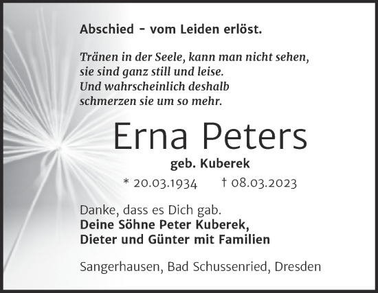 Traueranzeige von Erna Peters von Trauerkombi Sangerhausen