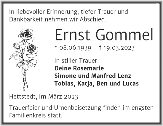 Traueranzeige von Ernst Gommel von Mitteldeutsche Zeitung Mansfelder Land