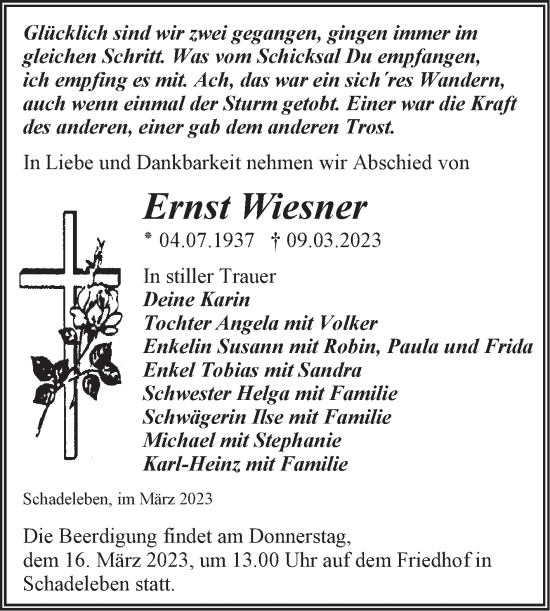 Traueranzeige von Ernst Wiesner von Trauerkombi Aschersleben