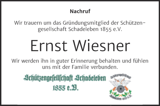 Traueranzeige von Ernst Wiesner von Trauerkombi Aschersleben