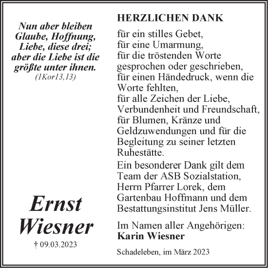 Traueranzeige von Ernst Wiesner von Trauerkombi Aschersleben