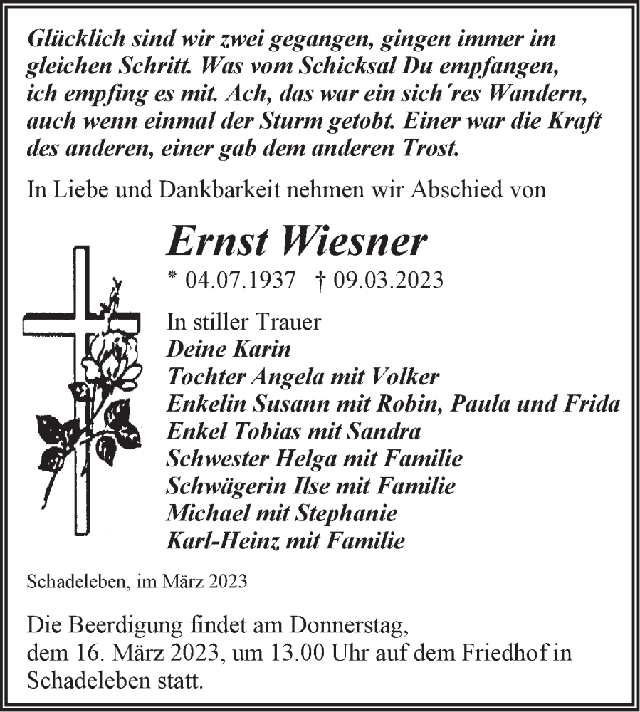  Traueranzeige für Ernst Wiesner vom 11.03.2023 aus Trauerkombi Aschersleben
