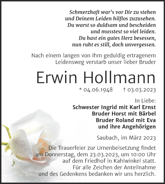 Traueranzeige von Erwin Hollmann von Wochenspiegel Naumburg/Nebra