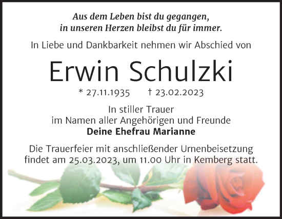 Traueranzeige von Erwin Schulzki von Trauerkombi Wittenberg