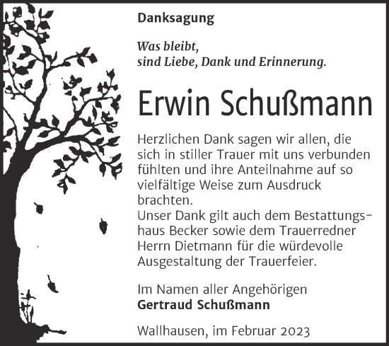 Traueranzeige von Erwin Schußmann von Trauerkombi Sangerhausen