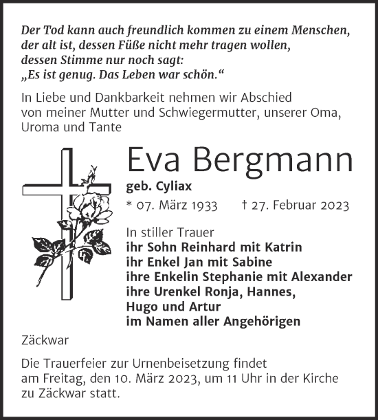 Traueranzeige von Eva Bergmann von Wochenspiegel Naumburg/Nebra
