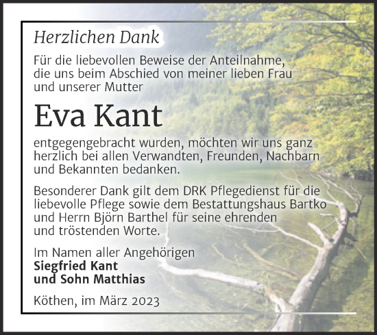 Traueranzeige von Eva Kant von Trauerkombi Köthen