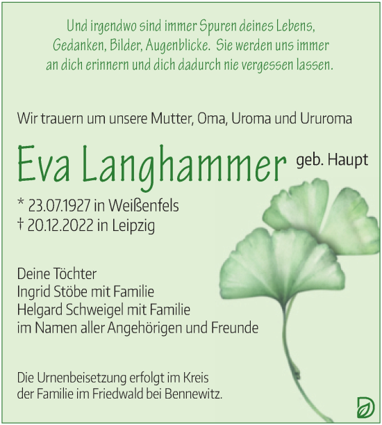 Traueranzeige von Eva Langhammer von Mitteldeutsche Zeitung Weißenfels