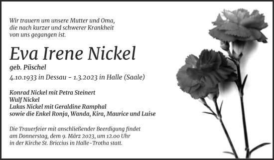 Traueranzeige von Eva Irene Nickel von Mitteldeutsche Zeitung Halle/Saalkreis