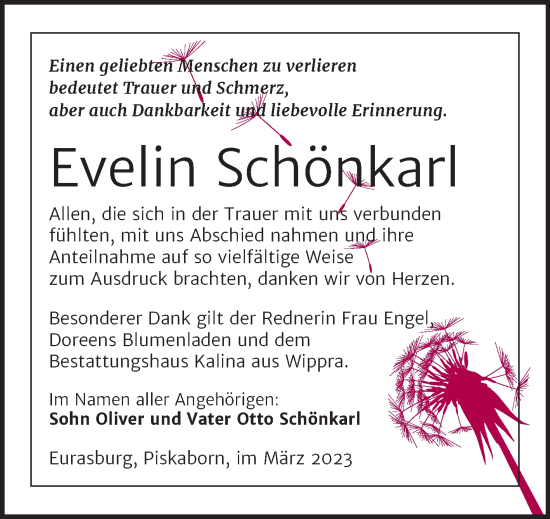 Traueranzeige von Evelin Schönkarl von Trauerkombi Mansfelder Land