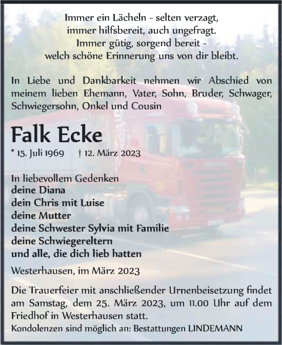 Traueranzeige von Falk Ecke von Trauerkombi Quedlinburg