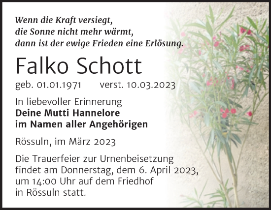 Traueranzeige von Falko Schott von Trauerkombi Weißenfels