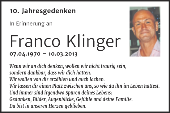 Traueranzeige von Franco Klinger von Trauerkombi Wittenberg