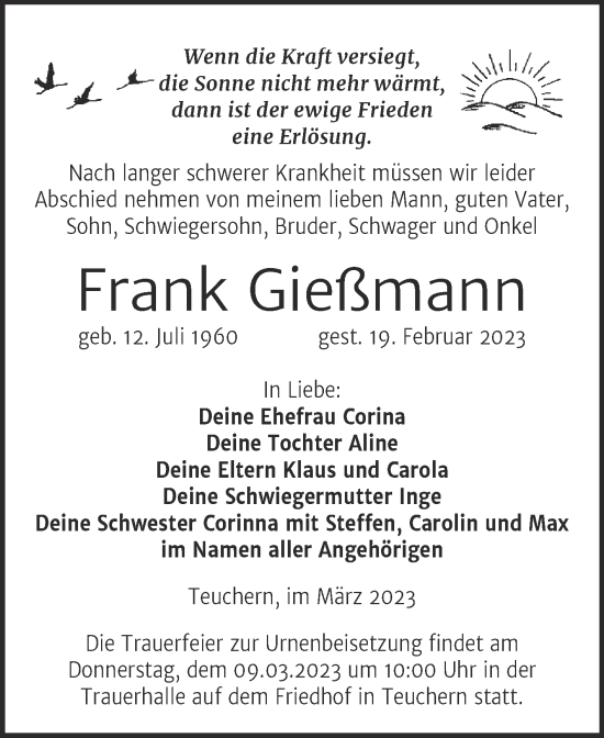 Traueranzeige von Frank Gießmann von Trauerkombi Weißenfels