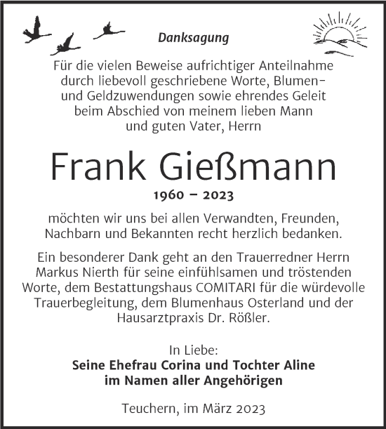 Traueranzeige von Frank Gießmann von Trauerkombi Weißenfels