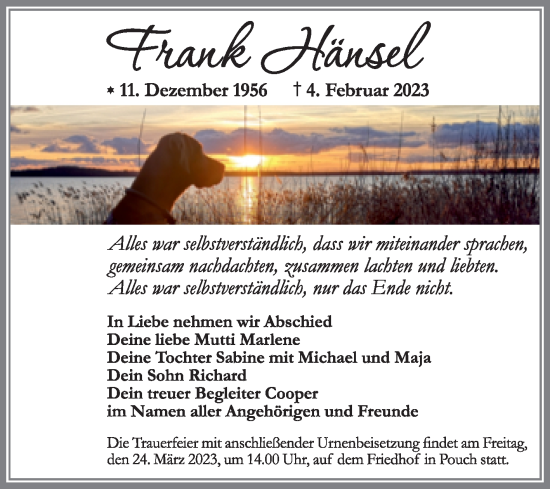 Traueranzeige von Frank Hänsel von Trauerkombi Bitterfeld