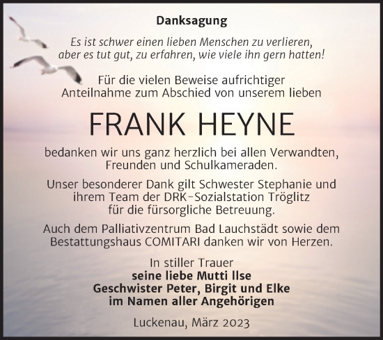 Traueranzeige von Frank Heyne von Trauerkombi Zeitz