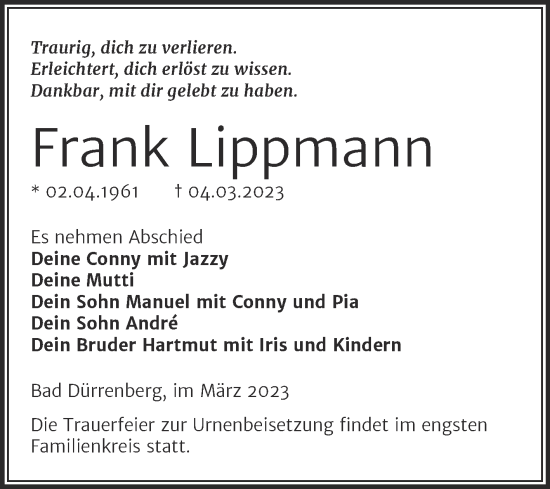 Traueranzeige von Frank Lippmann von Trauerkombi Weißenfels