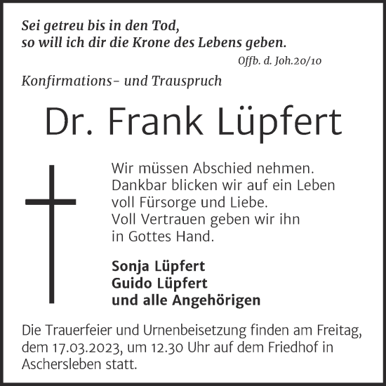 Traueranzeige von Frank Lüpfert von Trauerkombi Aschersleben