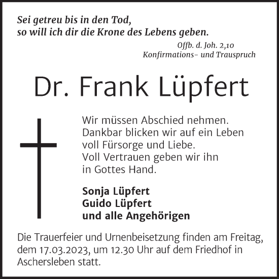 Traueranzeige von Frank Lüpfert von Trauerkombi Aschersleben