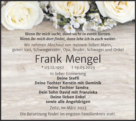 Traueranzeige von Frank Mengel von Trauerkombi Zeitz