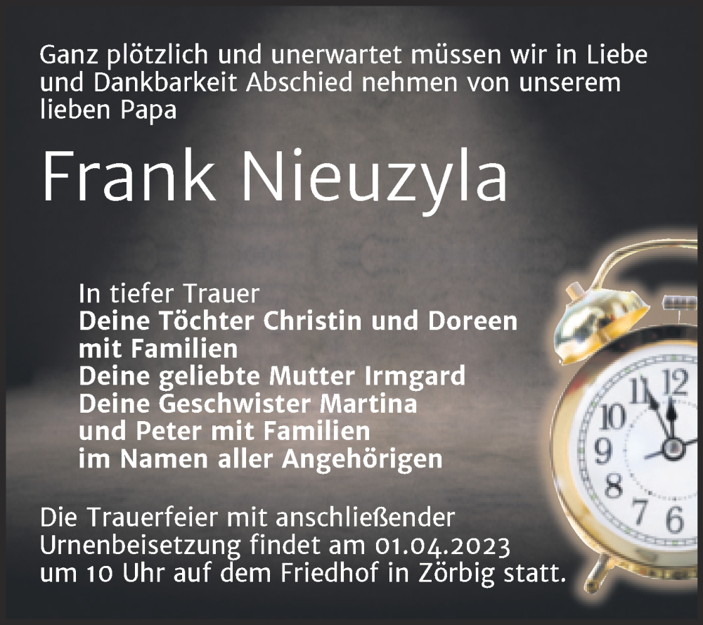  Traueranzeige für Frank Nieuzyla vom 25.03.2023 aus Mitteldeutsche Zeitung Bitterfeld