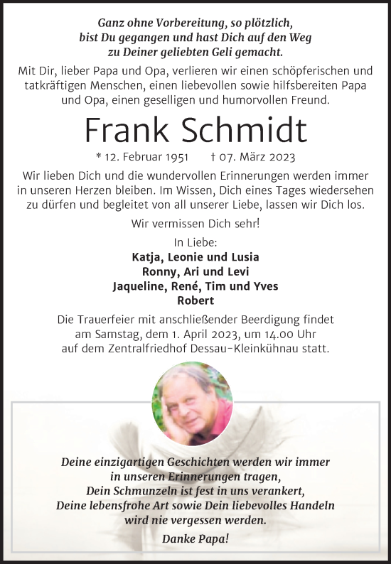 Traueranzeige von Frank Schmidt von Trauerkombi Dessau