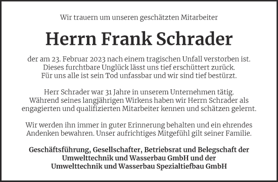 Traueranzeige von Frank Schrader von Wochenspiegel Quedlingburg