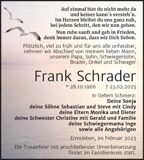 Traueranzeige von Frank Schrader von Trauerkombi Quedlinburg