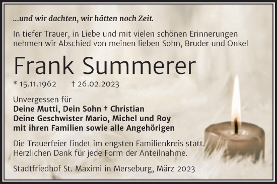 Traueranzeige von Frank Summerer von Trauerkombi Merseburg