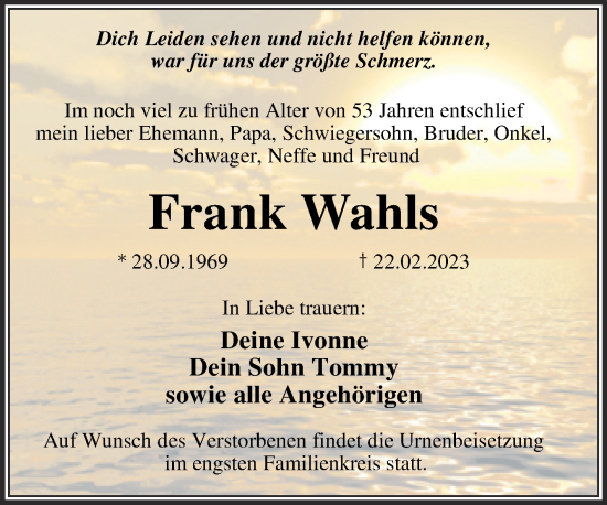 Traueranzeige von Frank Wahls von Trauerkombi Wittenberg