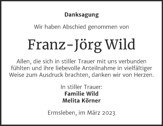 Traueranzeige von Franz-Jörg Wild von Trauerkombi Quedlinburg