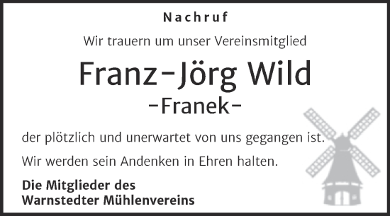 Traueranzeige von Franz-Jörg Wild von Trauerkombi Quedlinburg