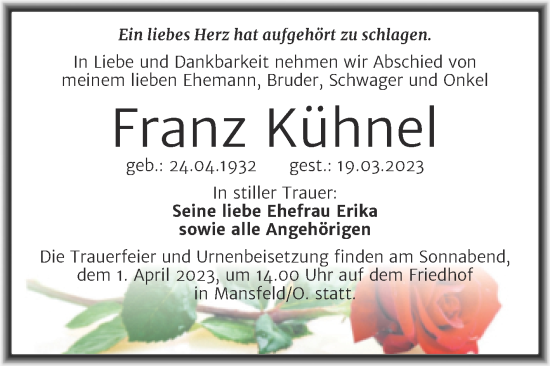 Traueranzeige von Franz Kühnel von Mitteldeutsche Zeitung Sangerhausen