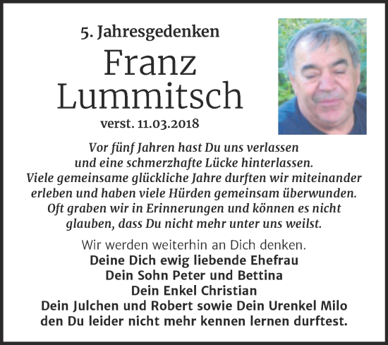 Traueranzeige von Franz Lummitsch von Trauerkombi Dessau