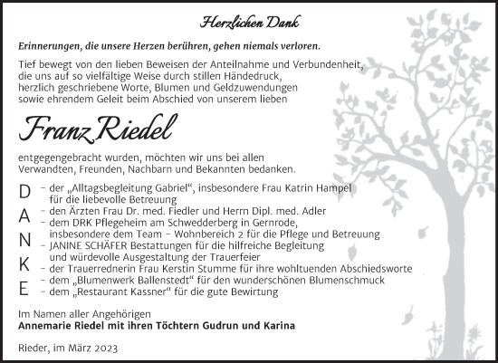 Traueranzeige von Franz Riedel von Trauerkombi Quedlinburg