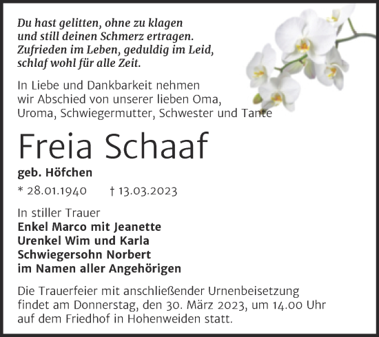 Traueranzeige von Freia Schaaf von Mitteldeutsche Zeitung Halle/Saalkreis