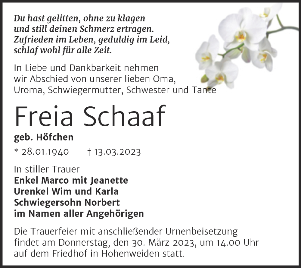  Traueranzeige für Freia Schaaf vom 22.03.2023 aus Mitteldeutsche Zeitung Halle/Saalkreis