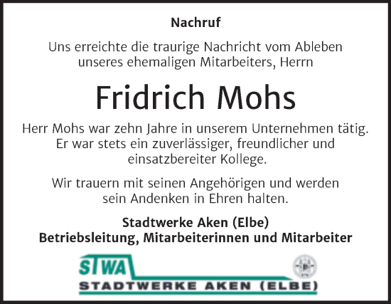 Traueranzeige von Fridrich Mohs von Super Sonntag Köthen
