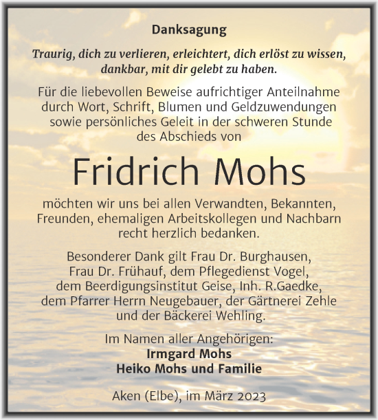 Traueranzeige von Fridrich Mohs von Trauerkombi Köthen